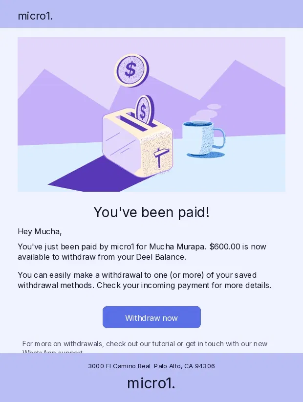 micro1 payment notification — $600.00 paid to Mucha Murapa for 4 hours of AI training work.