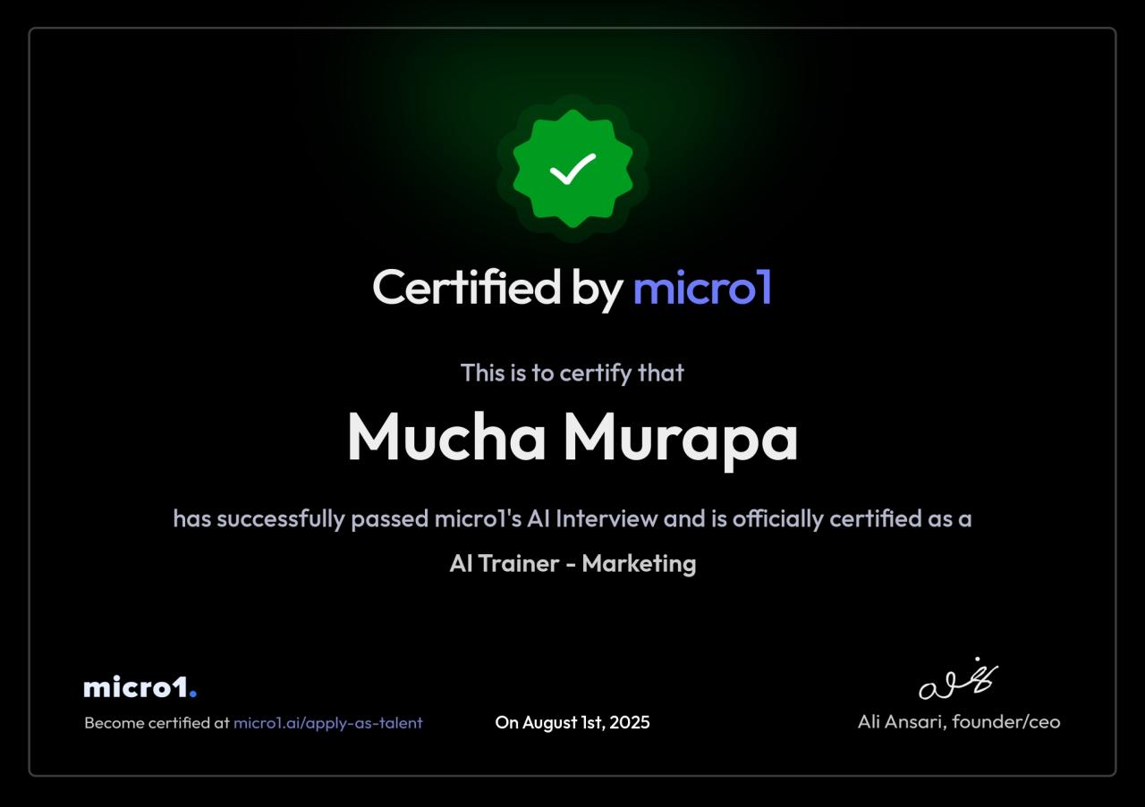 Certified AI Trainer — micro1. August 1st, 2025.